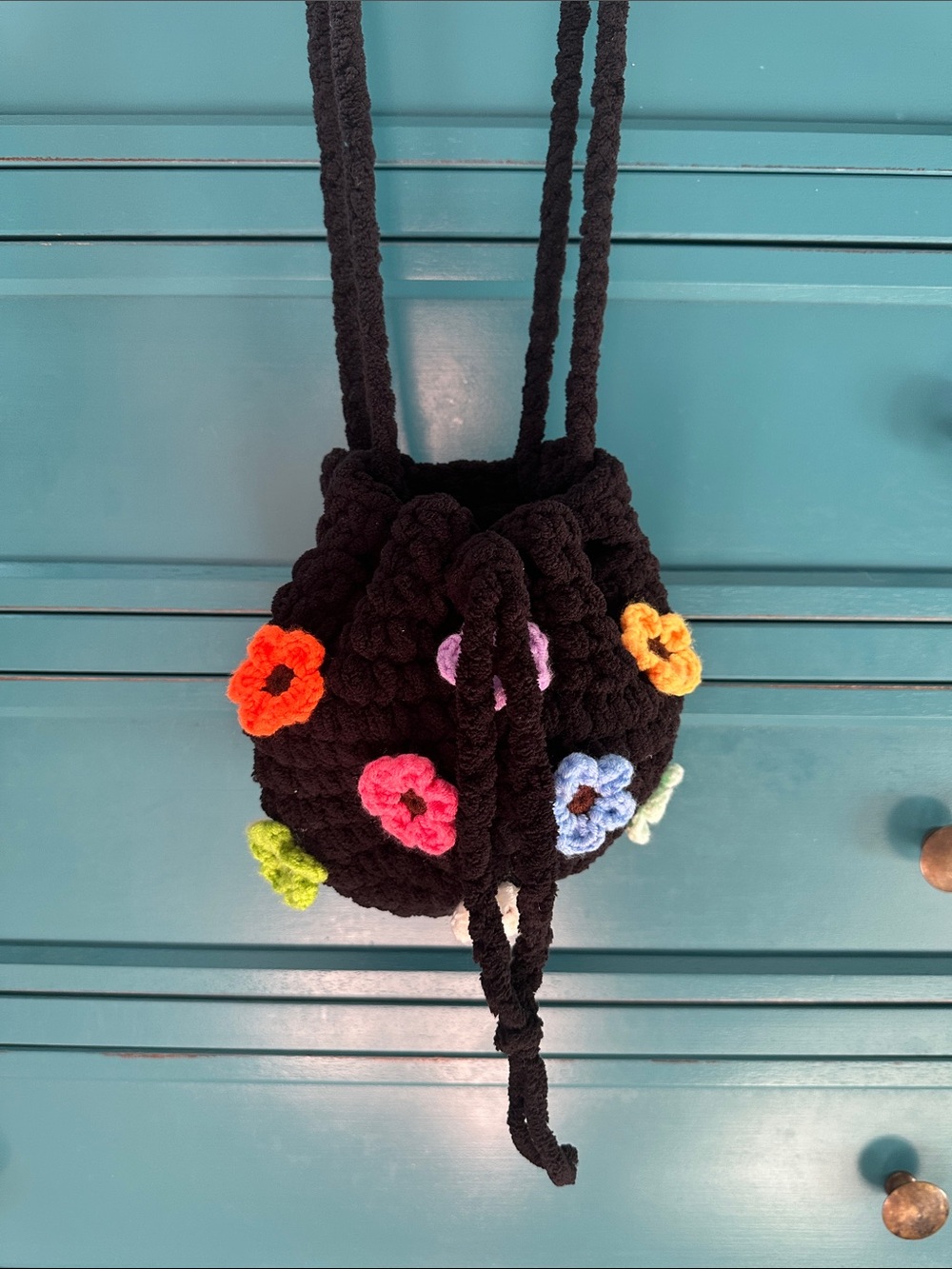 Handmade Black Crochet Bucket Bag with Colorful Flowers